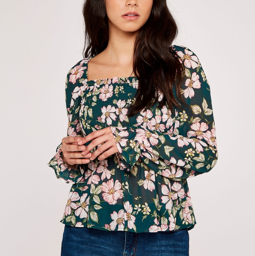Apricot Ruffle & Smocked Floral Top NWT